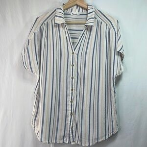 🧢 vernacular red white and blue vertical stripe short sleeve linen blend blouse: